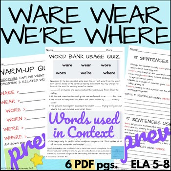 Commonly Confused Words> Homophones Grammar Worksheets English ELA 5 6 7 8th Gr.