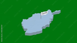 3d map of afghanistan and above it stands the flag flying on a green background. Illustration of a piece of land from a country. Simple 3d rendering of an area