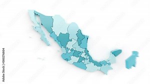 Map of Mexico in blue-green colors, top view. Formed by separate areas falling from top to bottom against a white background.