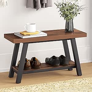 LUE BONA Farmhouse Bench with Shoe Storage - Sturdy Wood and Metal Entrance Bench, 31.5 Inch for Entryway, Bedroom, Mudroom - Brown