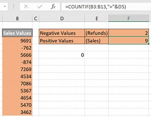 Count How Many Cells Have Negative Or Positive Numbers. (COUNTIF).