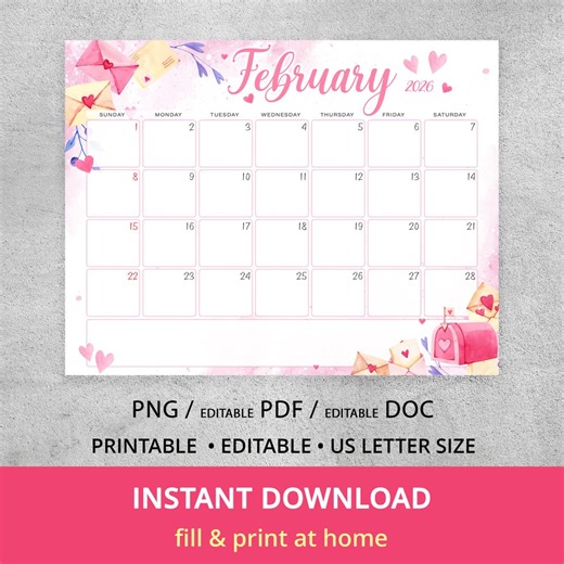 Editable February 2025 Calendar, Printable Valentine's Day Pink Heart Editable Planner - Etsy
