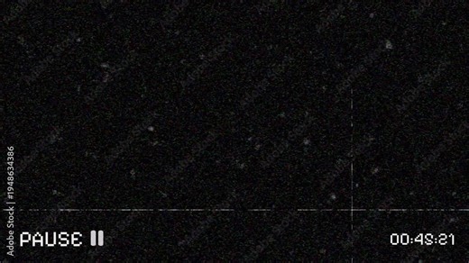 VHS video tape pause screen overlay with static distortion, analog noise, and timer. 4k video animation seamless loop with alpha channel