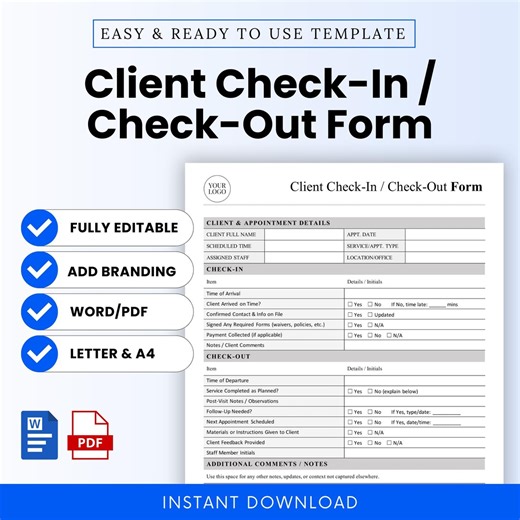 Client Check-in / Check-out Form – Word & PDF, A4 + US Letter - Etsy
