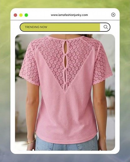 Pink Lace Splicing Button Cutout V Neck Waffle Knit Blouse