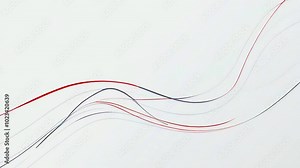 Abstract wavy lines in red, blue, and gray create a dynamic visual flow on a white background.