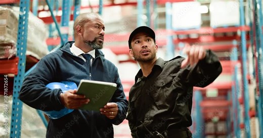 Man, tablet and security team at warehouse with inspection, review and low angle at shipping company. People, safety check and tech with app, discussion and report for storage at distribution plant