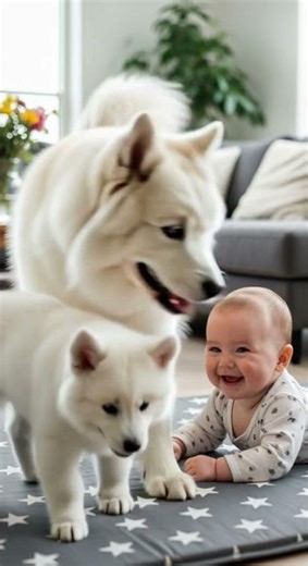 The little puppy provoked the human cub and sparked a playful chase #puppies #funny #cute