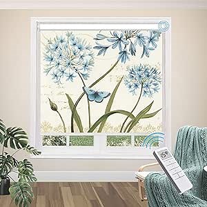 Motorized Blackout Roller Shades, Patterned Fabric with Remote Control Rechargeable Battery Window Shades with Valance, Light Filtering Cordless Roller Blinds for Windows, Doors, Color 10