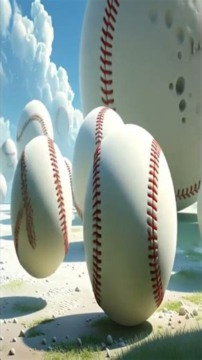 10 $. Surreal baseball background with giant balls under cloudy sky.