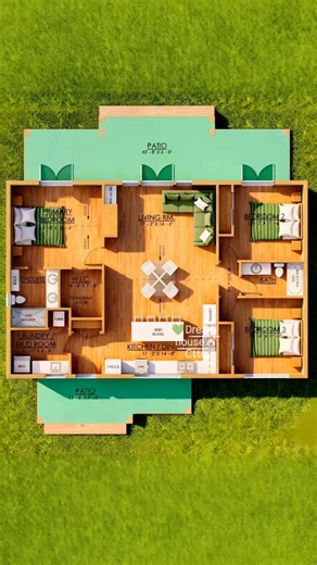 🌿 A spacious and well-balanced 3-bedroom layout featuring an open living, kitchen, and dining area, complete with two patios, a master suite with walk-in closet, and practical utility spaces—ideal for comfortable family living. 💚 Overall size: Approx. 17'-2" x 14'-6" (main living core) Room Dimensions (as shown / approximate): Primary Bedroom: 14'-0" x 12'-6" Walk-In Closet (W.I.C.): 6'-5" x 7'-5" Ensuite Bath: approx. 5'-4" shower area Bedroom 2: 13'-0" x 11'-6" Bedroom 3: 13'-0" x 11'-7" Liv