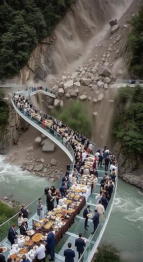 Landslide Hits Glass Bridge BBQ! 😱 Guests Panic as the Floor Collapses