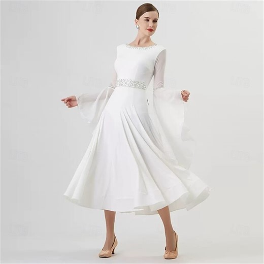 Women's Ballroom Dance Dress Long Bell Sleeve Rhinestone Waist Elegant Waltz Tango Foxtrot Competition Performance Gown – White 2025 - $236.09