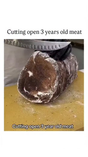 funfunny🤣 on Instagram: "The post shares a clip from Guga Foods' YouTube experiment slicing open a 3-year dry-aged ribeye, revealing vibrant red interior beneath white mold after controlled refrigeration at 0-4°C and 75-80% humidity.Extreme dry aging like this amplifies flavors through extended proteolysis—breaking down proteins into amino acids for nutty umami—though peer-reviewed studies limit safe durations to 28-55 days to minimize bacterial risks.Replies highlight viral appeal with humor a