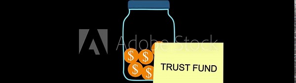 Trust fund text on a yellow sticky note attached to a glass jar with a hand inserting a coin, set against a white background in vertical screen format.