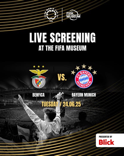 ⚽ Experience world-class football live at the FIFA Museum! On 24 June, watch Benfica vs. Bayern München on the big screen in the Champions Lounge at the FIFA Museum in Zurich. 🍿⚽ Enjoy an authentic football atmosphere, snacks & drinks, and fans from around the world! 🔸 Kick-off: 21:00 | Admission: Free with online reservation | FIFA Museum