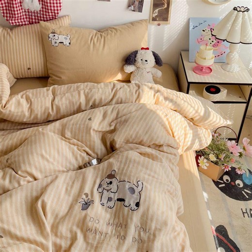Striped Beige Dog Print Bedding Set for Twin or Full Bed - Etsy
