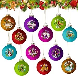 12 Days of Christmas Ornament Set Christmas Tree Decorations Glass Twelve Days of Christmas Ball Ornaments Xmas Tree Hanging Decor for Holiday Party Supplies Indoor Outdoor Decor 60mm