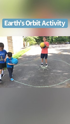 Earth’s Orbit Activity 🌎 ages 2 🌎 Here’s a fun and simple way to keep kids moving and teach them about how the Earth orbits the Sun and the Moon orbits the Earth! A perfect lesson with the ups coming solar eclipse! 🌞 🌍 🌙 👉 MATERIALS NEEDED:- Sidewalk chalk- Balls (optional to symbolize the planets)👉 WHAT TO DO1. Start by drawing the Sun on the pavement using sidewalk chalk.2. Then draw a large circle around the Sun. This will be the path the Earth will follow around the Sun.3. Ask one per
