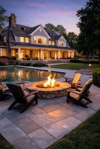 Luxury Cozy Backyard at Twilight ✨ Fireplace, Pool & Dream American Home