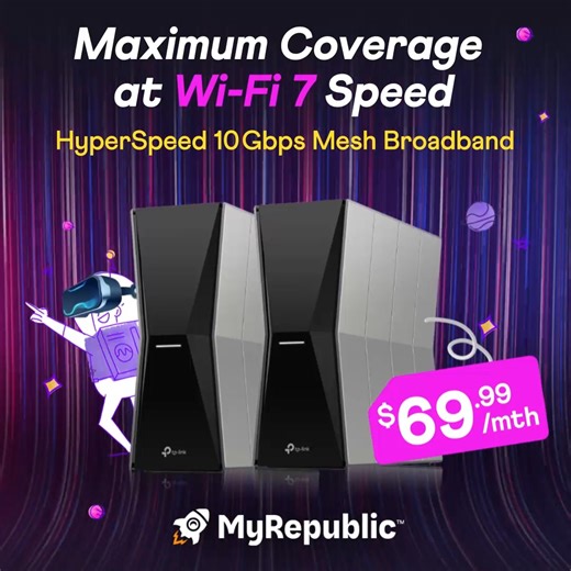Double the routers, double the coverage! 💫 Introducing our HyperSpeed 10Gbps Mesh Broadband bundle at $69.99/month! Stay connected at every corner of your home. ✨🏠 Visit the link to find out more! https://myrepublic.net/sg/hyperspeed-10gbps-be805-mesh/ #MyRepublic #HyperHome #HyperSpeed10Gbps #WiFi7 | MyRepublic Singapore