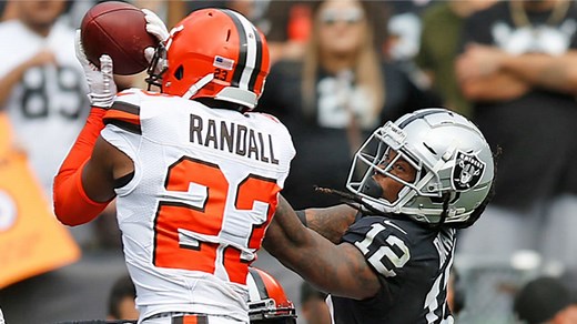 Damarious Randall picks off Derek Carr on a perfect read