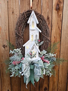 Rustic Winter Church Wreath - Farmhouse Holiday Decor, Grapevine Wreath With White Church and Greenery - Etsy