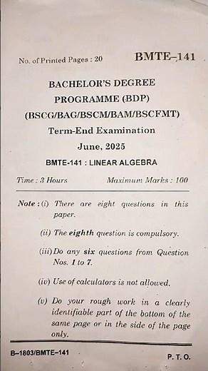 BMTE 141 Linear Algebra | IGNOU June 2025 Question Paper Solution | IGNOU #BMTE141 #LinearAlgebra