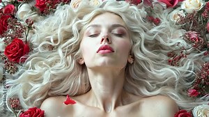 Animation of fairy princess with long hair in elegant dress in flowers. Romantic fantasy portrait of medieval queen. Beautiful nymph or elf girl in spring garden. Beauty and passion. Fairy tail Stock Video