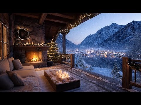 Cozy Christmas Porch Ambience 🎄🔥 Snowfall, Fireplace Crackles & Peaceful Winter Village View