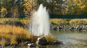 Fountain on pond overgrowing with reeds and trees in autumn