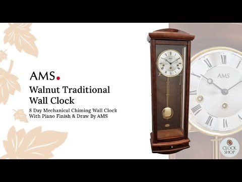 65cm Walnut 8 Day Mechanical Chiming Wall Clock With Piano Finish & Draw By AMS