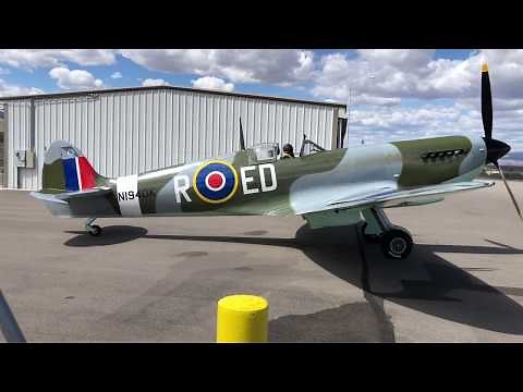 Robert DeFord's Mk IX Spitfire replica departing Cottonwood, AZ.