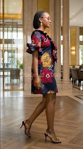 Ankara Shift Dress With Ruffle Detail & Lace Insert | Navy, Red & Gold Floral Print | Chic African