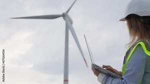 Female engineer plans wind generator farm: green energy for environmental sustainability. Scientific approach to wind energy: an engineer analyzes green electricity generators.