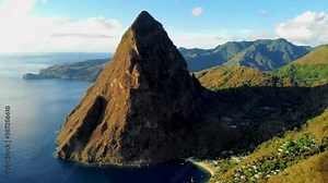 St Lucia Caribbean, Huge pitons drone view at Saint Lucia sugar beach St Lucia mountains at the beach with clear ocean