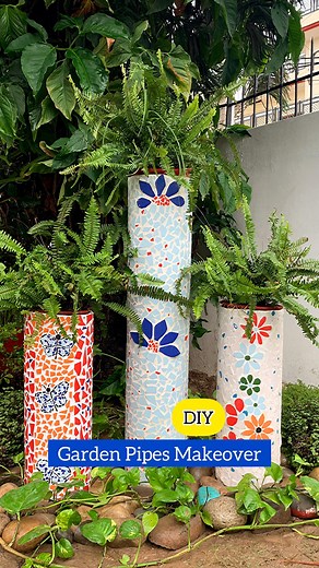 Updated my garden corner pipes with DIY tile mosaic art 🥰 I was wanting to make this for so long but mason bhaiya wasn’t ready to teach me. Then Kya, saw so many YouTube videos and learnt myself and here I am with my version of the garden corner art. These pipes would look good in balcony garden or terrace garden too. So go ahead and make your own colourful garden corner with mosaic tile art. Ok now the materials used and the process followed: Materials used: 🌸these are cast iron pipes but the