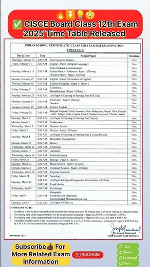 CISCE Board Class 12th Exam 2025 Time Table || CISCE 12 th exam Time table