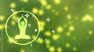 Yoga animation with floating yoga related icons on blur bright background.