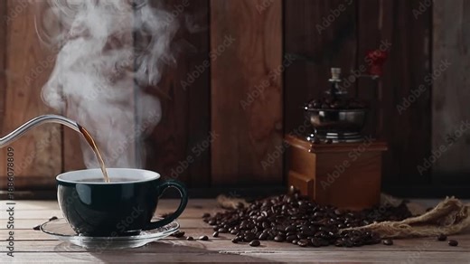 The slow-motion video shows hot coffee being poured into a cup, steam rising. Roasted coffee beans and bread are placed on the table. This video was shot with a digital camera and edited by colleagues