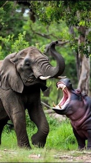 Elephant vs Hippo: Brutal River Battle Caught on Camera! 😱😱 // #viral #elephant #hippo #shorts