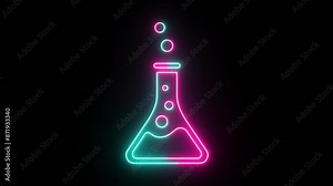Neon Test tube icon animation. Laboratory chemical beaker with toxic liquid icon. Futuristic laser background motion graphics.
