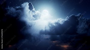 An endless flight through the clouds against the moon at night. Realistic 3d animation. Loop.