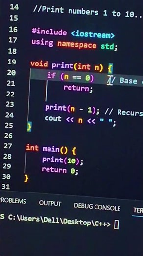 #Print numbers 1-10 using recursion in C++🫡🫠👩‍💻#