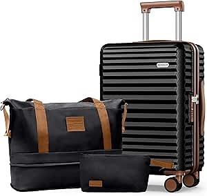 SHOWKOO Carry On Luggage Hardshell Lightweight Luggage Set, Suitcase with Double Spinner Wheels Tsa Lock White 3 piece set Black (DB/TB/20in)