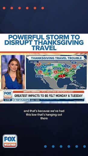Traveling for #Thanksgiving? A powerful storm system may disrupt your plans. #FOXWeather meteorologists Britta Merwin and Craig Herrera have the details. #thanksgiving2023 #thanksgivingtravel #weatherupdate