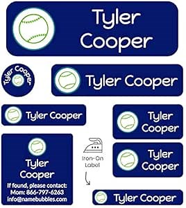 Name Bubbles - Custom Name Labels for Overnight Camp & School (169 Labels - 7 Sizes) Iron-On Labels for Clothes & Towels, Stick-On Labels for Clothing Tags, Water Bottles, Gear (Baseball)