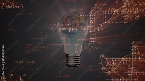 Upon opening dark space, bulb glowing, formulas drifting, globe rotating, visualizing knowledge