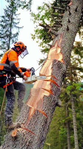 High-Risk Pro Chainsaw Action: Topping Tall Tree from Above #lumberjack#chainsaw#dangerous