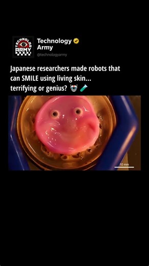 TechnologyARMY on Instagram: "Japanese scientists have developed a way to attach living human-like skin onto robot faces — allowing them to make realistic smiles, natural facial expressions, and even self-heal when damaged. This breakthrough comes from mimicking the exact tissue structures found in real human skin. The artificial skin is created in the lab using living cells, giving humanoid robots a level of realism that was impossible before. Researchers at Tokyo University say this could pave